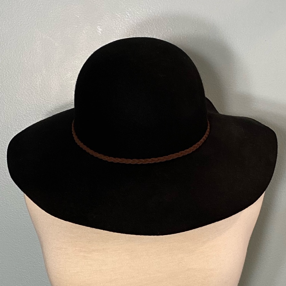 World Market 100% Wool Black Floppy Hat with Brown Leather Trim